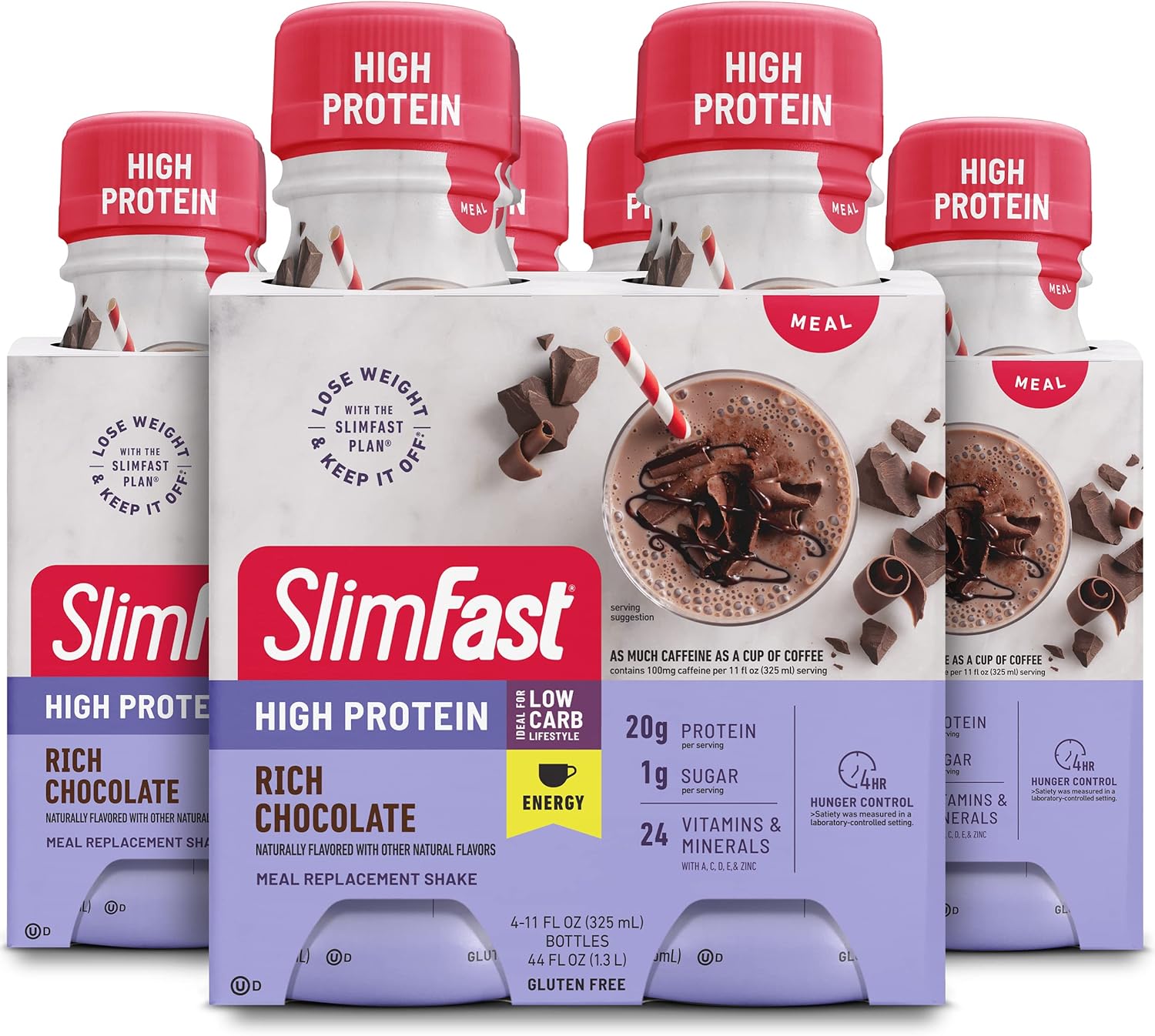 SlimFast Advanced Energy High Protein Meal Replacement Shake, Rich Chocolate, 20g of Ready to Drink Protein with Caffeine, 11 Fl. Oz Bottle, 4 Count (Pack of 3) (Packaging May Vary)