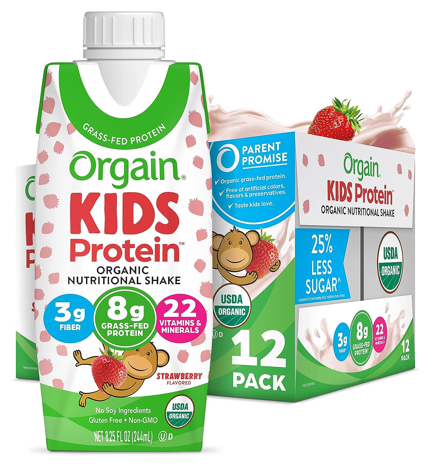 Orgain Organic Kids Nutritional Protein Shake, Strawberry, Healthy Kids Snacks, 8g Dairy Protein, 3g of Fiber, 22 Vitamins & Minerals, No Soy ingredients, Gluten Free, Non-GMO, 8.25 Fl Oz (Pack of 12)