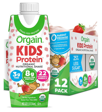 Orgain Organic Kids Nutritional Protein Shake, Strawberry, Healthy Kids Snacks, 8G Dairy Protein, 3G Of Fiber, 22 Vitamins & Minerals, No Soy Ingredients, Gluten Free, Non-Gmo, 8.25 Fl Oz (Pack Of 12)