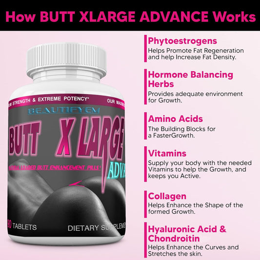 Butt X-Large Advance Butt Enlargement, Booty Enhancement. Butt Enhancer Pills. Fast Curved Bigger Glutes. 90 Tablets (Not a Butt Cream)