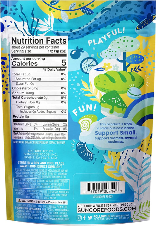 Suncore Foods Aqua Blue Spirulina Powder, 2 oz (1 Bag), Organic, Gluten-Free, Non-GMO, Plant-Based, Perfect for Food Coloring, Baking, Drinks, Smoothies, and More