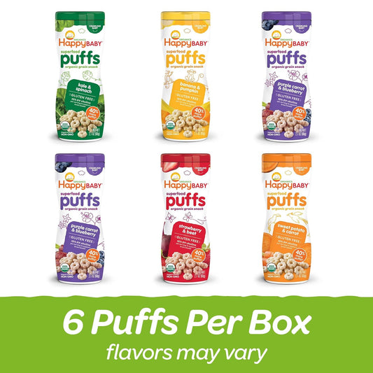 Happy Baby Organic Superfood Puffs, Variety Pack, Flavors May Vary, 2.1 Ounce (Pack of 6)