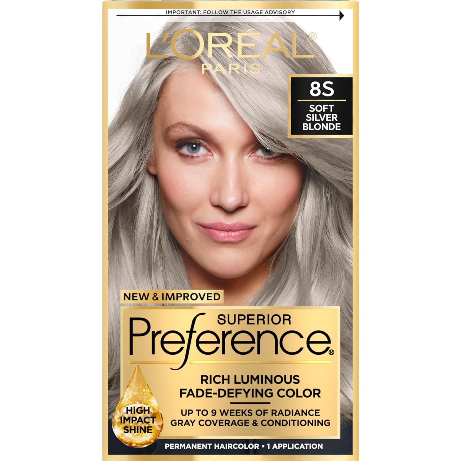 L'Oreal Paris Superior Preference Luminous Fade-Defying Permanent Hair Color, Hair Dye For Up To 9 Weeks Of Radiance, Light Silver Blonde 8S, 1 Hair Dye Kit