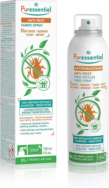 Puressentiel Fleas, Bugs & Moths Treatment Spray 150Ml - Effective On Dust Mites, Clothes Moths, Fleas & Bed Bugs - Scientifically Proven For All Fabric Types - 100% Natural - Prevents Reinfestation
