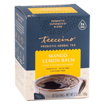 Teeccino Mango Lemon Balm - Prebiotic Superboost™ Herbal Tea - Support Your Probiotics With Vegan Gos & Organic Xos For Good Gut Health - Caffeine- Free, 10 Tea Bags