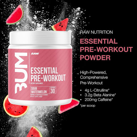 Raw Essential Pre-Workout Powder (Sour Watermelon) - Chris Bumstead Sports Nutrition Supplement For Men & Women Preworkout Energy With Caffeine, L-Citrulline, L-Tyrosine, Beta Alanine Blend