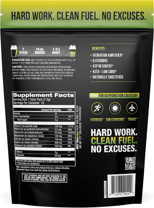 Jocko Fuel Hydrate Electrolytes Powder Packets No Sugar - Hydration Amplifier Packets For Recovery, Dehydration, & Exercise - With Vitamins B6, B12 & C (16 Packets) Lemon Lime