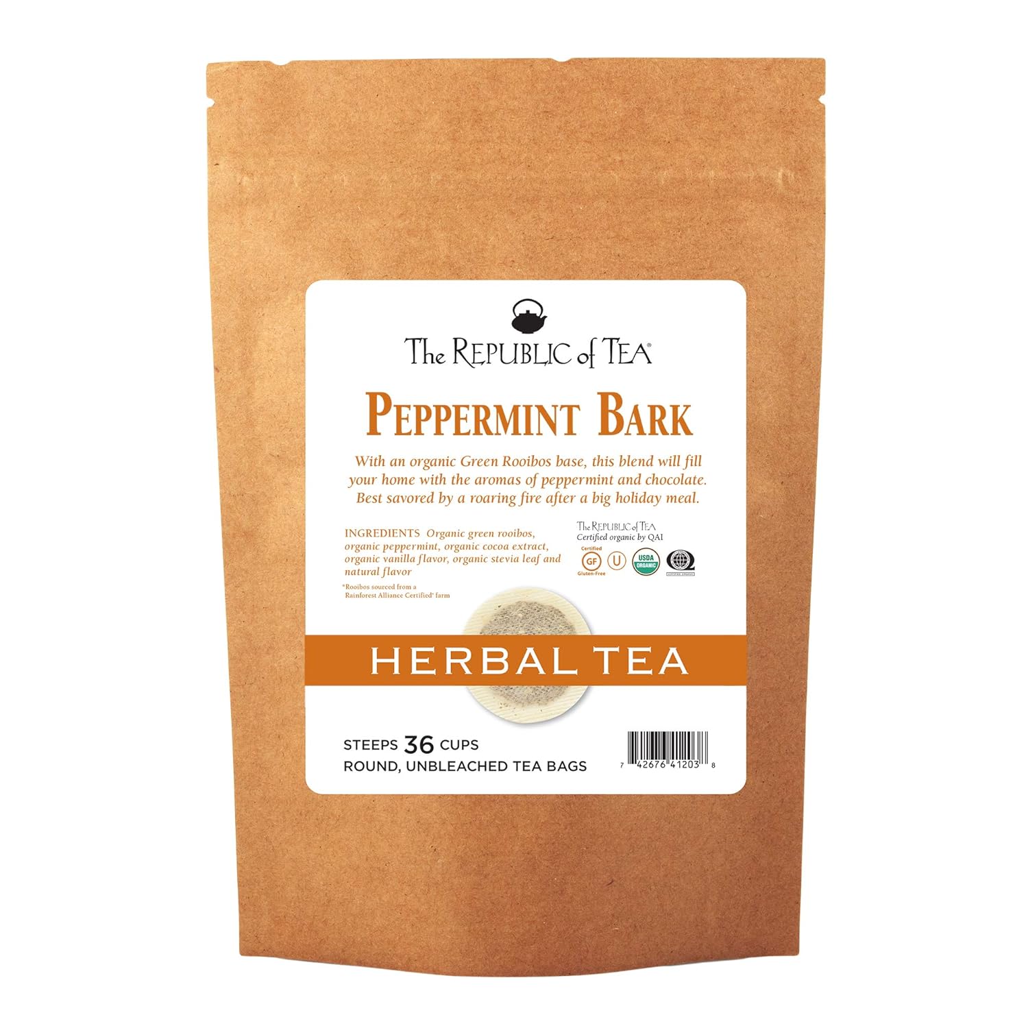 The Republic Of Tea Organic Peppermint Bark Herb Tea, 36 Tea Bags, Fusion Of Cocoa And Peppermint Tea