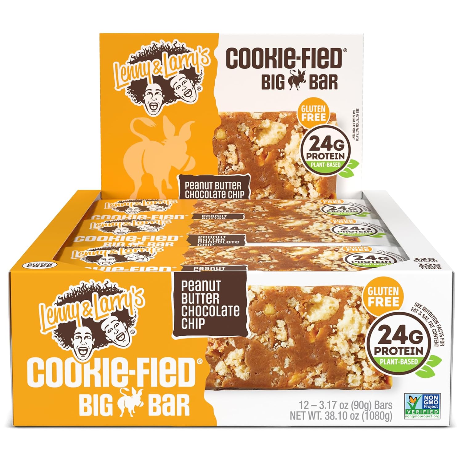 Lenny & Larry's Cookie-fied BIG BAR 90g, Peanut Butter Chocolate Chip, 12-pack with 24 grams of Plant-Based Protein Extra Large Vegan Snack Bars, 10g Prebiotic Fiber Non-GMO, Kosher