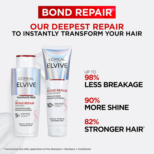 L’Oreal Paris Elvive Bond Repair Routine Set For Damaged Hair, Shampoo 200Ml And Conditioner 150Ml, Deep Intensive Hair Repair Treatment, Rebuild Broken Hair Bonds