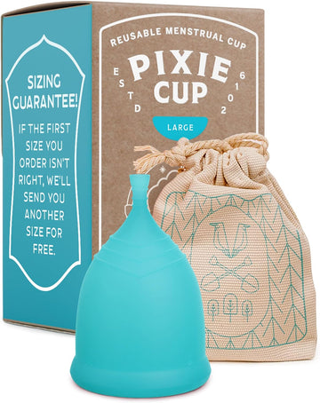 Pixie Cup Menstrual Cup - Ranked 1 for Most Comfortable Soft Reusable Period Cup - Wear for 12 Hours - Reduces Cramps - Lasts 10 Years - Tampon and Pad Alternative - Buy One We Give One (Large)