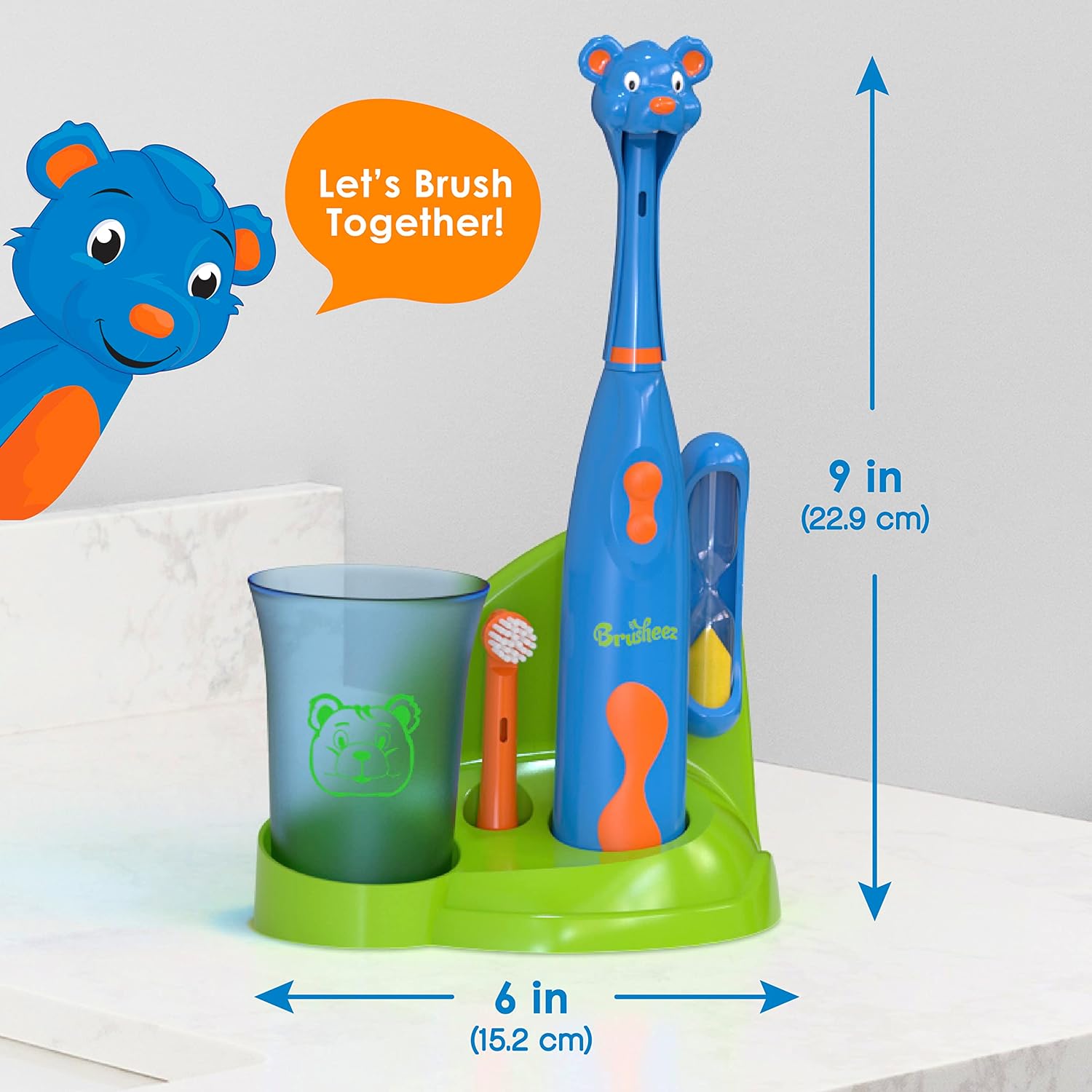 Brusheez® Kids’ Electric Toothbrush Set - Safe & Effective for Ages 3+ - Parent Tested & Approved with Gentle Bristles, 2 Brush Heads, Rinse Cup, 2-Minute Timer, & Storage Base (Buddy The Bear) : Health & Household