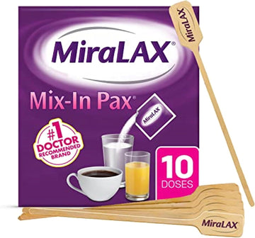 MiraLAX Gentle Constipation Relief Laxative Powder, Stool Softener with PEG 3350, No Harsh Side Effects, Single Dose Mix-In Pax with Mixing Stirrers, Travel Pack, 10 Dose