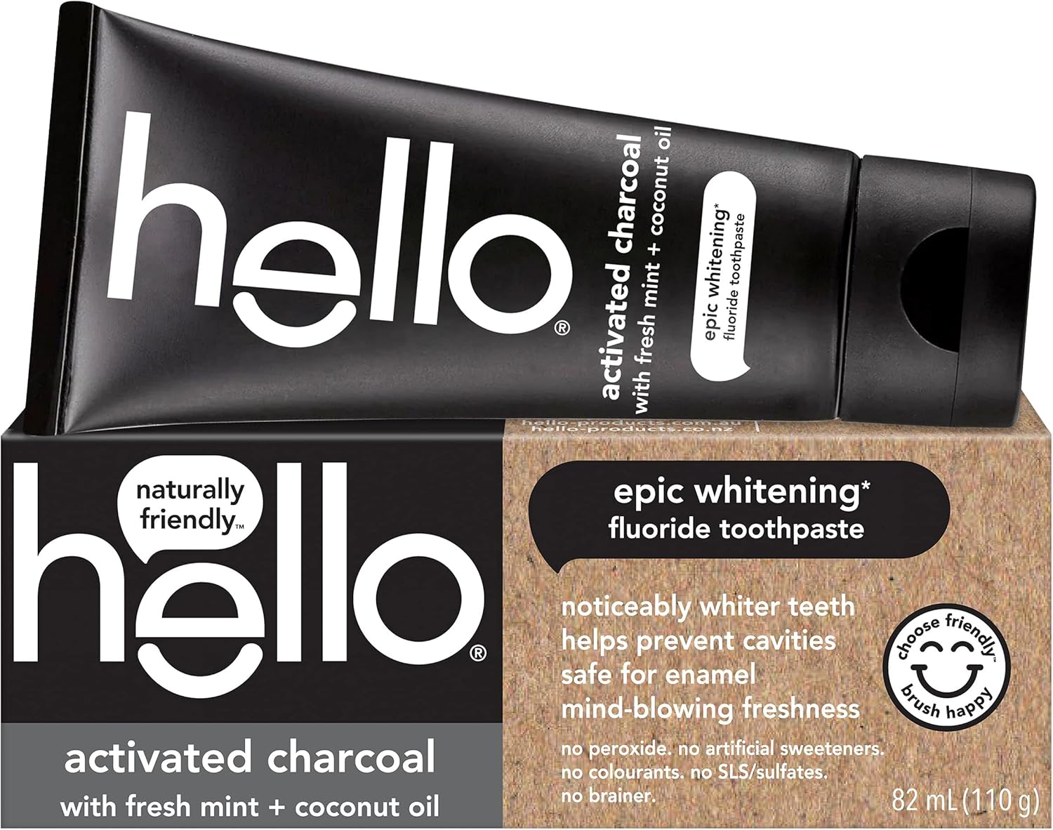 Hello Epic Teeth Whitening Charcoal Fluoride Toothpaste, Natural Fresh Mint, Vegan, Peroxide Free, 82 Ml