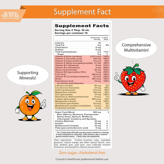 Buried Treasure Children’S Daily Liquid Multivitamin - 16 Oz, 16 Servings, Orange Mango Flavor, Supports Kids With Essential Nutrients & Minerals