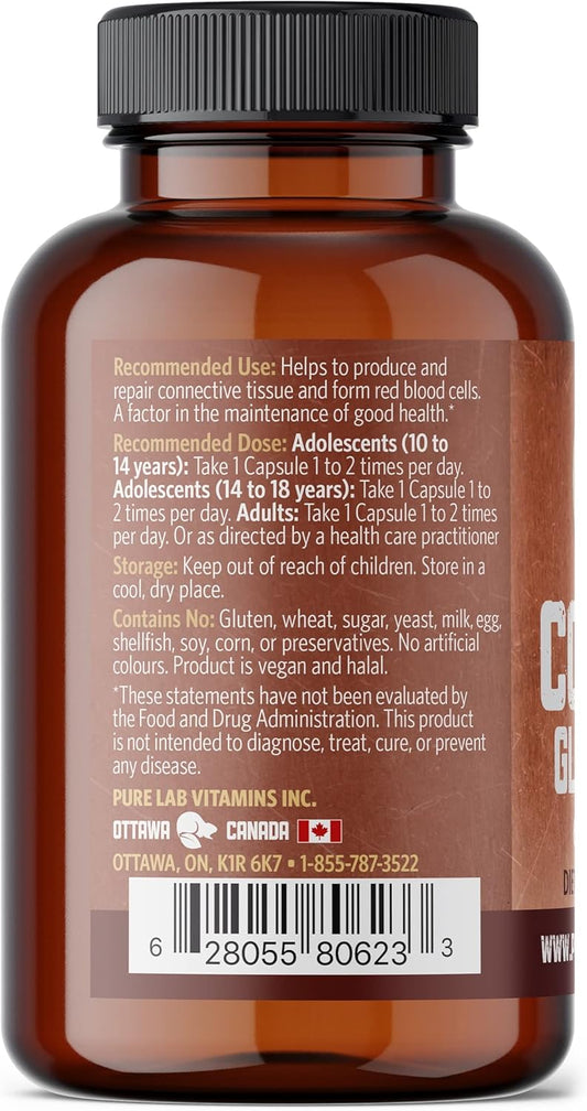 Pure Lab Vitamins Copper Glycinate Mineral Supplement -1 Mg - 60 Vegan Caps Essential For Collagen Production, Supports Immune System & Red Blood Cell Formation - Gluten Free Made In Canada