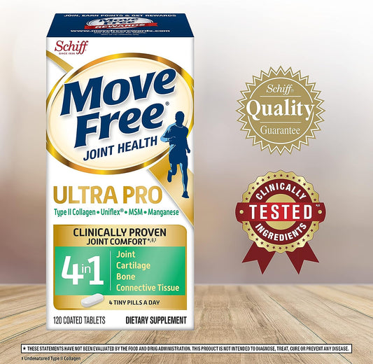 Move Free Ultra Pro with Quadruple Action Joint Support - Type 2 Collagen MSM Calcium Fructoborate & Manganese - Supports Joint Cartiliage Bone Connective Tissue, 120 Tablets (30 servings)