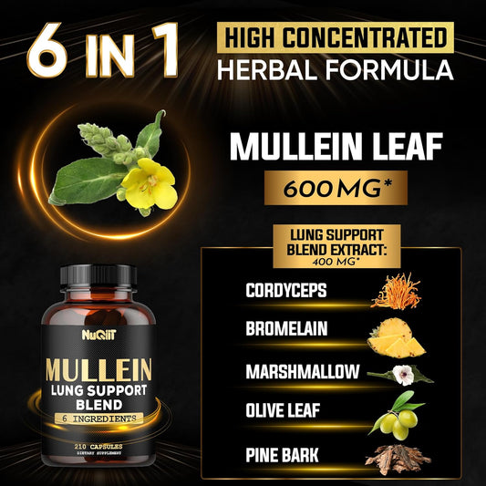 Mullein Leaf Capsules With Herbal Complex As Cordyceps Sinensis, Marshmallow, And More - Respiratory Health, Immune System & Body Balance Support - 105 Servings