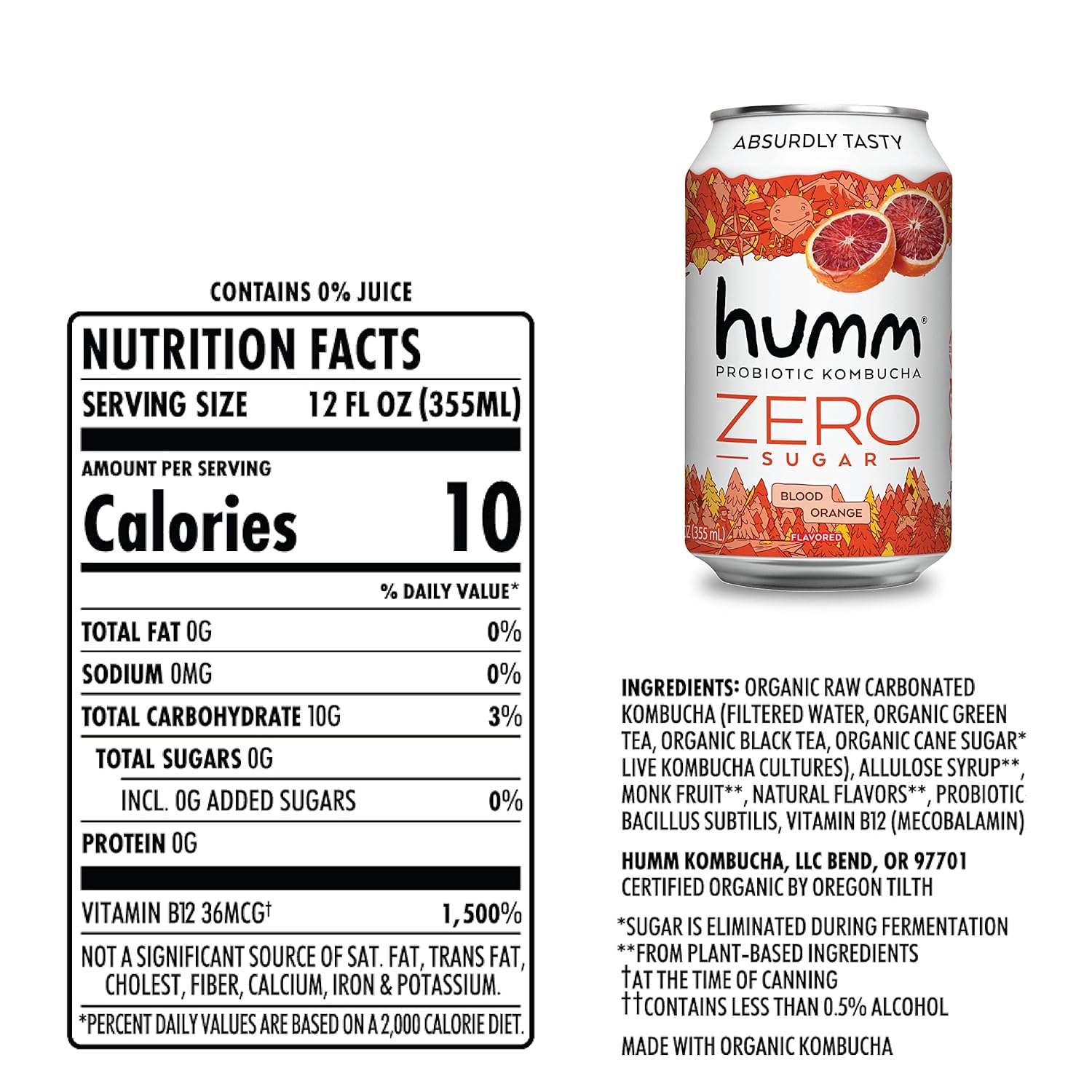 Humm Probiotic Kombucha Zero Sugar Blood Orange, No Refrigeration Needed, Keto Friendly, Organic, Vegan, Gluten Free, 12Oz Cans (8 Pack)