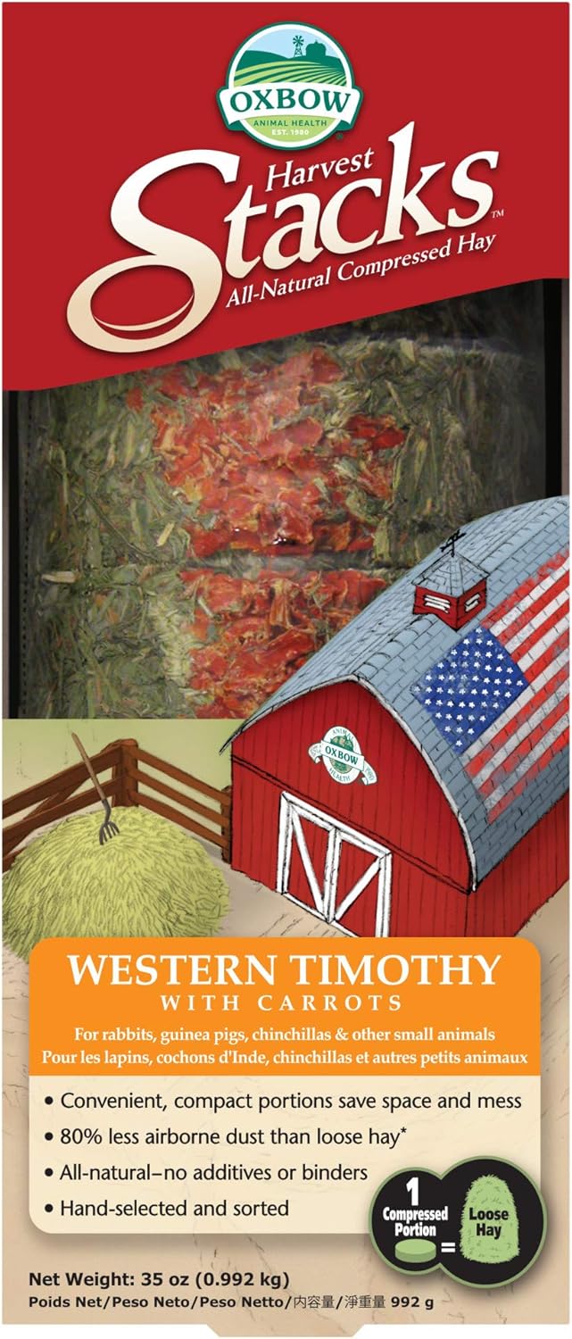 Oxbow Animal Health Harvest Hay Stacks - Western Timothy Hay With Carrots - All Natural Hay For Rabbits, Guinea Pigs, Chinchillas, Hamsters & Gerbils - 35 Oz