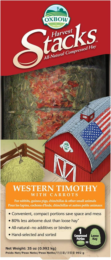 Oxbow Animal Health Harvest Hay Stacks - Western Timothy Hay With Carrots - All Natural Hay For Rabbits, Guinea Pigs, Chinchillas, Hamsters & Gerbils - 35 Oz