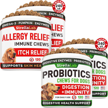 Allergy Relief + Probiotics Dogs Bundle - Itchy Skin Treatment + Digestive Enzymes - Omega 3 & Pumpkin + Prebiotics - Dogs Itching & Licking Treats + Improve Digestion - 480 Chews - Made In Usa