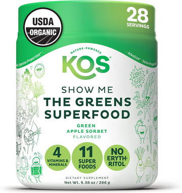 KOS Organic Super Greens Powder Erythritol Free - Plant Based Algae Superfood Blend with Spirulina, Chlorella & Wheatgrass - USDA, Vegan, Green Juice Smoothie Drink - Apple Sorbet Flavor - 28 Servings