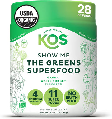 Kos Organic Super Greens Powder Erythritol Free - Plant Based Superfood Blend With Spirulina, Chlorella & Wheatgrass - Usda Certified Organic, Green Juice Smoothie - Apple Flavor - 28 Servings