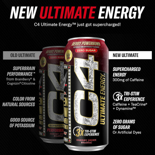 C4 Ultimate X Wwe | Pre Workout Sugar Free Energy Drink | Tri-Stim Experience With 300Mg Caffeine + Teacrine + Dynamine | Berry Powerbomb | 16Oz (Pack Of 12)