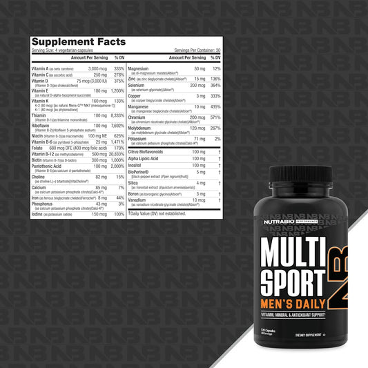 Nutrabio Multisport For Men - Mens Multivitamin - 33 Vitamins, Minerals, Micronutrients - Rich In Antioxidants - Supports Peak Athletic Performance, Energy, Metabolism (120 Vegetable Capsules)