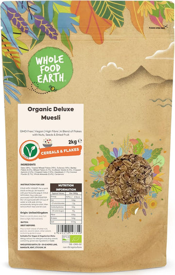 Wholefood Earth Organic Deluxe Muesli – A Blend Of Flakes With Nuts, Seeds & Dried Fruit – 1Kg | Gmo-Free | Vegan | High Fibre | Certified Organic