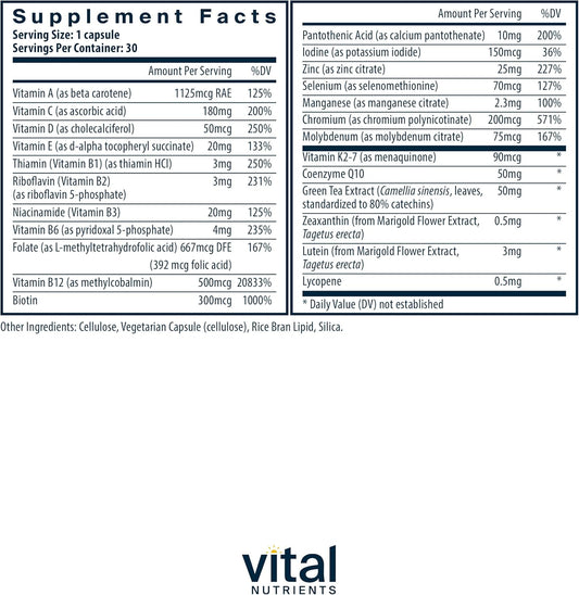 Vital Nutrients Once Daily Multivitamin | Vegan Multi For Women & Men | Allergen-Free | 19 Essential Vitamins + Antioxidants For Eye And Heart Health | Gluten, Dairy & Soy-Free | 30 Capsules