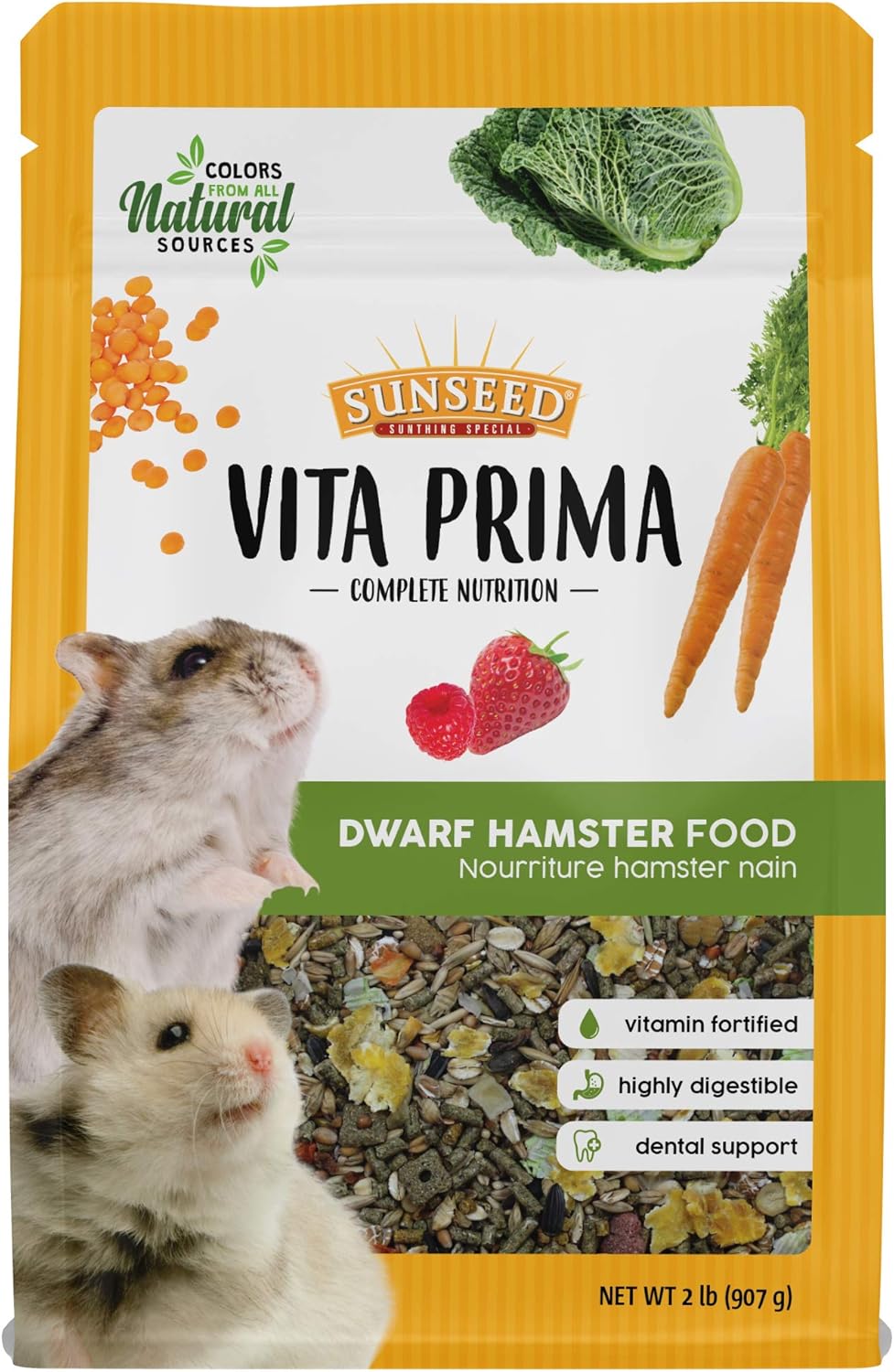 Sunseed Vita Prima Dwarf Hamster Food - Dry Food For Dwarf Hamsterrs - Vitamin-Fortified With Essential Nutrients - Supports Healthy Digestion And Healthy Teeth