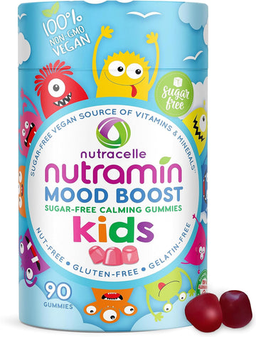 NUTRAMIN Kids Mood Boost Vitamin Gummy: The Yummy and Calm Magnesium Citrate Supplement for Children with Ashwagandha & Vitamin B Complex Anti-Stress Blend - Sugar-Free, Allergy-Safe, Vegan 90 ct