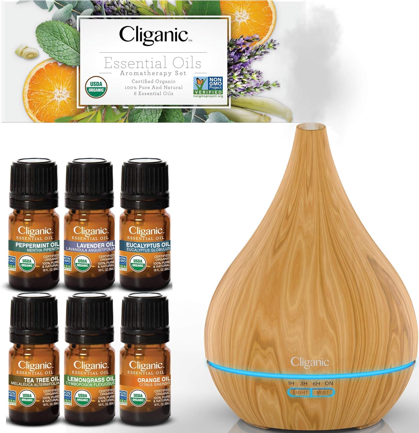 Cliganic Organic Aromatherapy Set (Top 6) With Diffuser