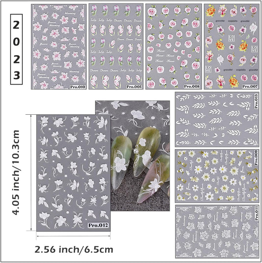 8 Pcs Self-Adhesive Nail Stickers, 5D Embossed Engraved Flower Nail Art Stickers, Nail Decorations Accessories