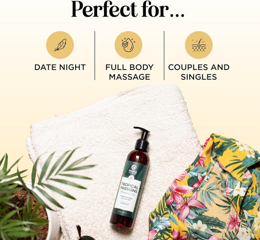 Tropical Sensual Massage Oil for Couples - Complete Relaxation Full Body Massage Oil for Date Night with Smooth Gliding Coconut and Sweet Almond Oil with Mango Scent - Non GMO Gluten Free and Vegan