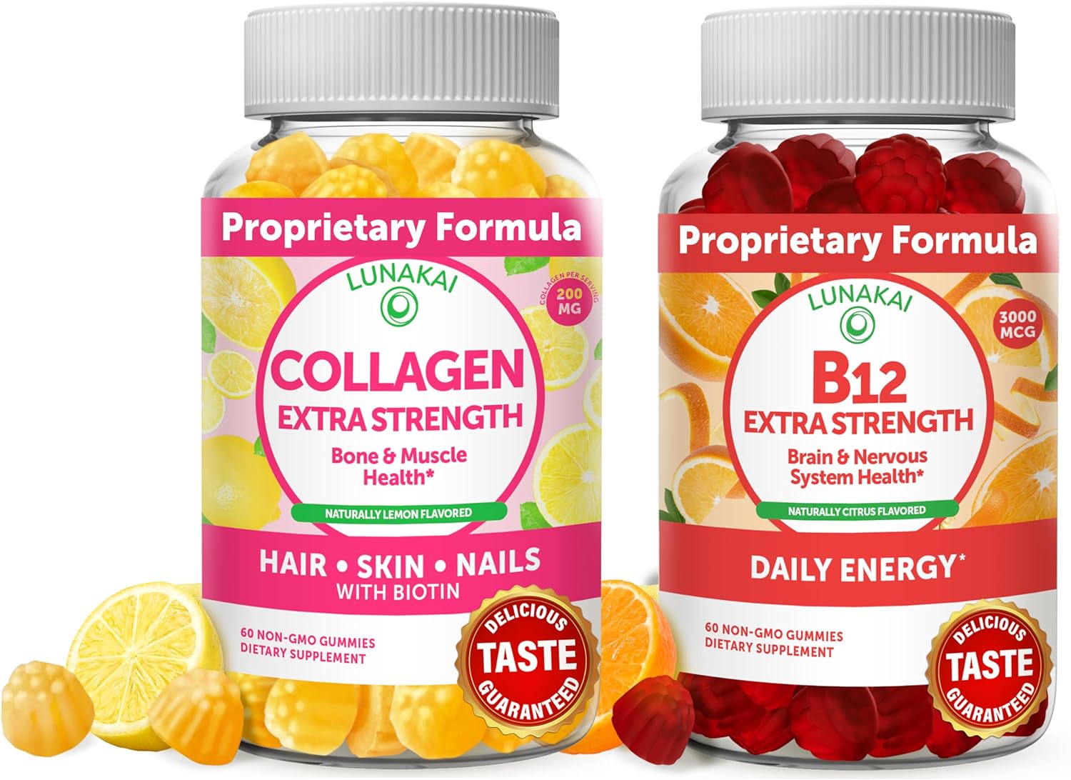Collagen and Vitamin B12 Gummies Bundle - Non-GMO, Gluten Free, No Corn Syrup, All Natural Supplements - 60 ct Collagen Gummies and 60 ct Vitamin B12 Gummies - 30 Days Supply