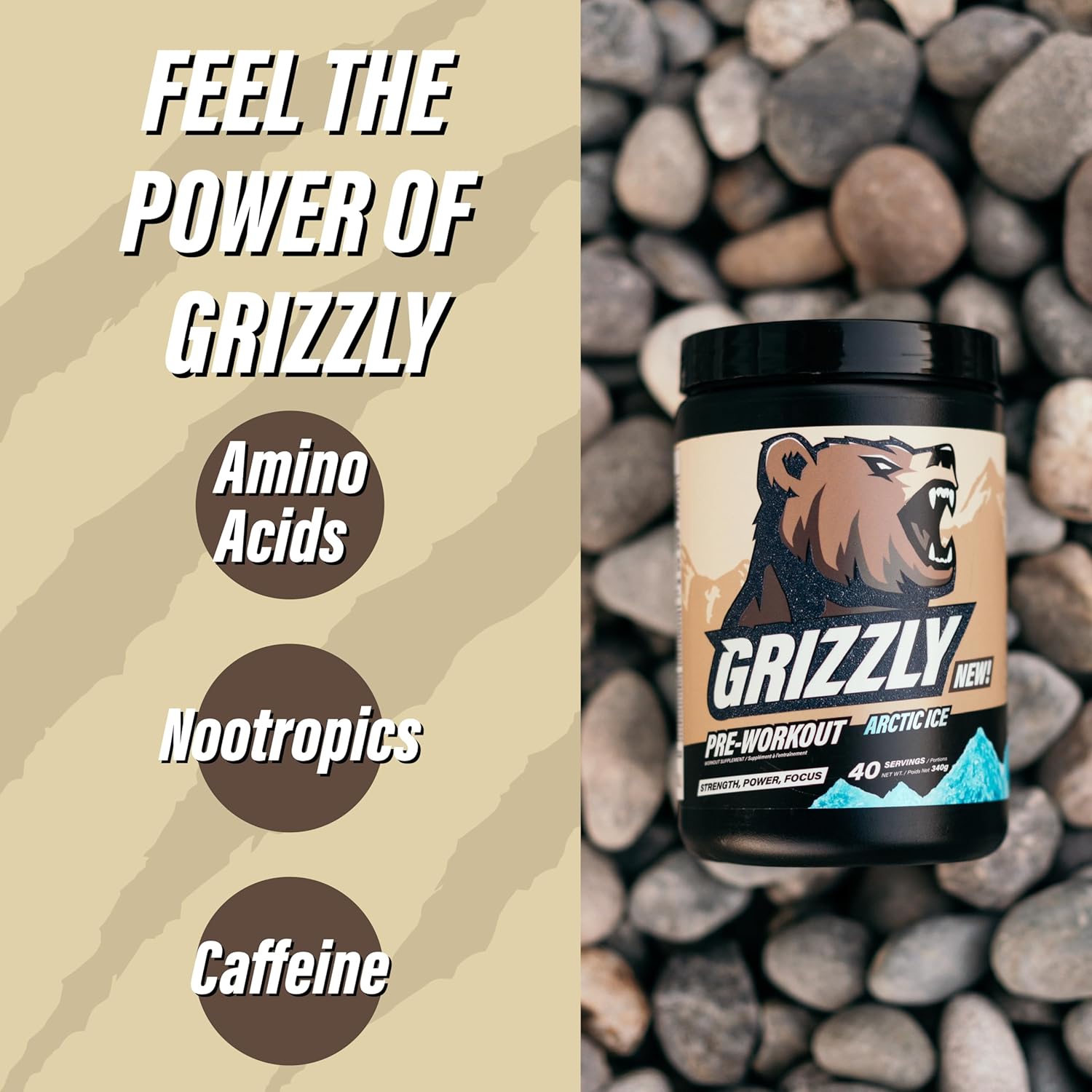 Grizzly Pre Workout Powder For Men & Women - Essential Aminos L-Citrulline & Beta Alanine Plus Caffeine - Preworkout Energy Drink Mix For Intense Power Focus & Pump - Arctic Ice - 40 Servings : Health & Household