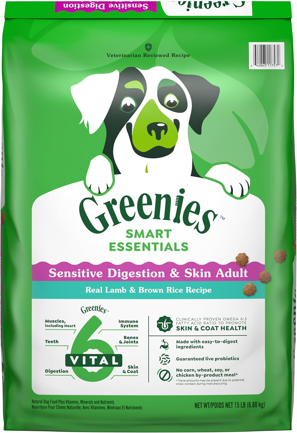 Greenies Smart Essentials Sensitive Digestion & Skin Adult Dry Dog Food Real Lamb & Brown Rice Recipe, 15 Lb. Bag