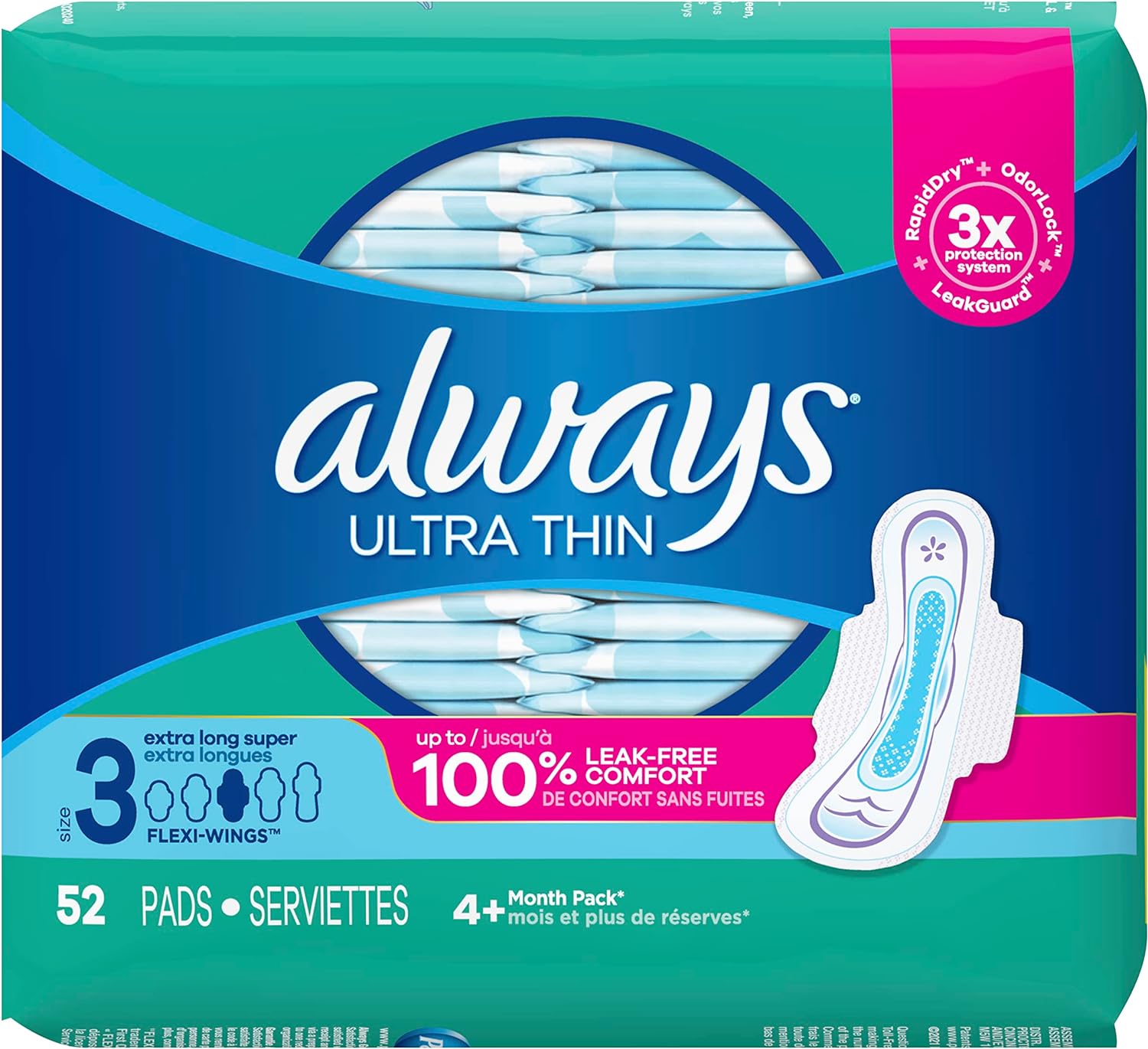 Always, Ultra Thin Pads For Women, Size 3, Extra Long Super Absorbency With Wings, 52 Count