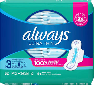 Always, Ultra Thin Pads For Women, Size 3, Extra Long Super Absorbency With Wings, 52 Count