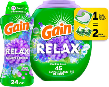 Gain Relax Laundry Bundle: Gain Super Sized Flings, 3-In-1 Detergent Pacs With Febreze And Oxi, 45 Count + Gain In-Wash Laundry Scent Booster Beads, 24 Oz, Dewdrop Daydream Scent