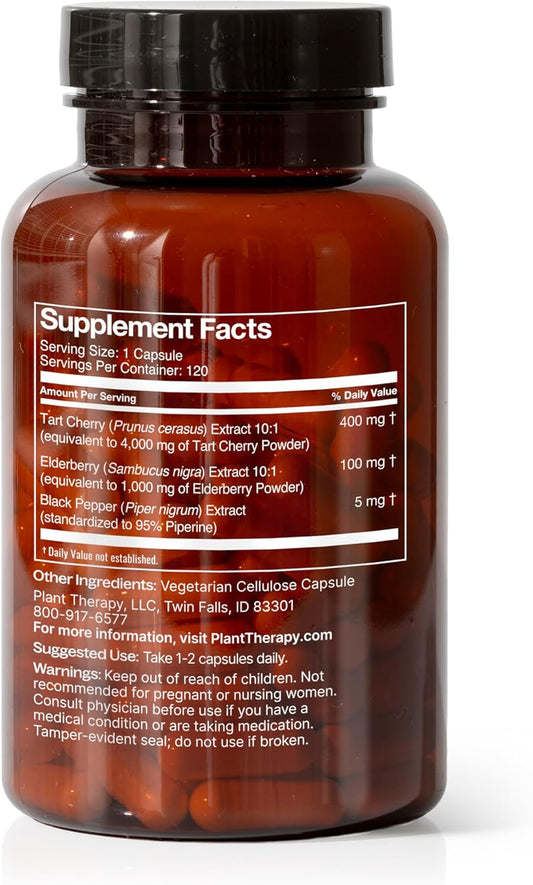 Plant Therapy Tart Cherry With Elderberry Herbal Supplement Capsules, Helps Protect The Body, Supports A Healthy Immune System & Sleep Cycle, 120 Vegetarian Capsules (4 Month Supply), Made In The Usa