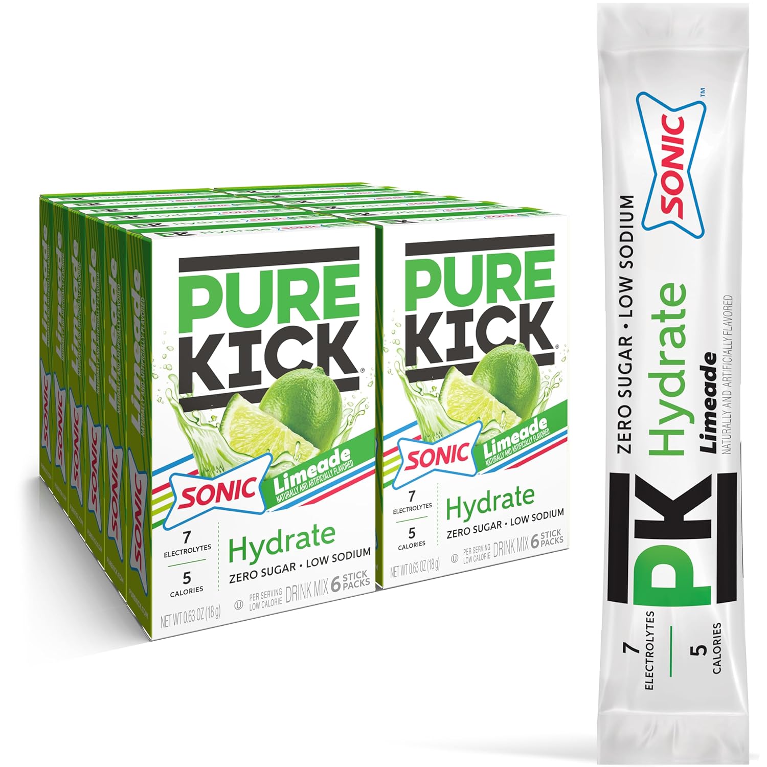 Pure Kick Hydration Singles To Go Drink Mix, Sonic Limeade, Includes 12 Boxes With 6 Packets In Each Box, 72 Total Packets