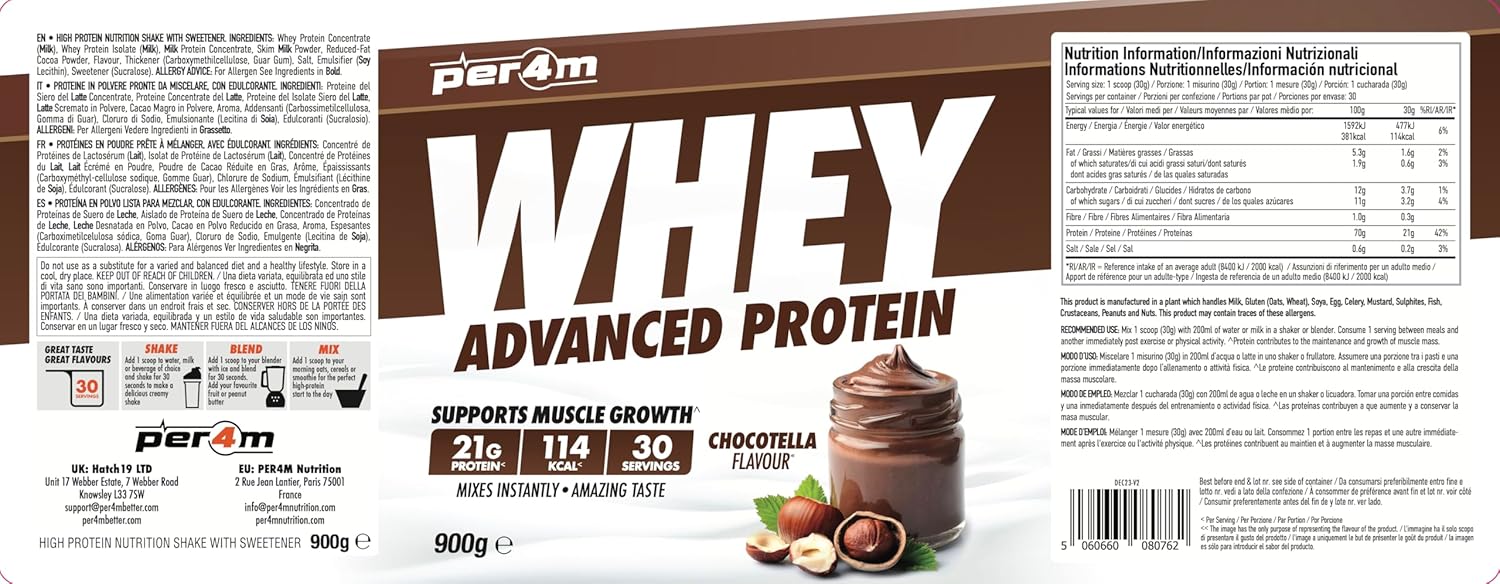 Per4m Advanced Whey Protein Powder | 30 Serving Low Sugar Protein Shake with Amino Acids | Perfect for Your Gym Bag and Travel | Shaker & 5 Mixed Selection Sachets (900g, Chocotella) : Amazon.co.uk: Health & Personal Care