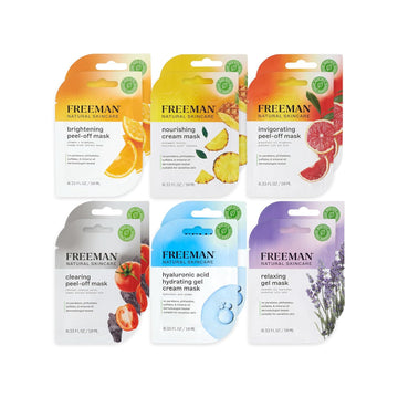 Freeman Naturals Facial Mask 12 Piece Variety Bundle, Peel-Off, Gel & Cream Face Masks, Hydrating, Brightening, & Nourishing Skincare, Natural Ingredients, Travel Size, 0.33 Fl. Oz./10 Ml Sachets