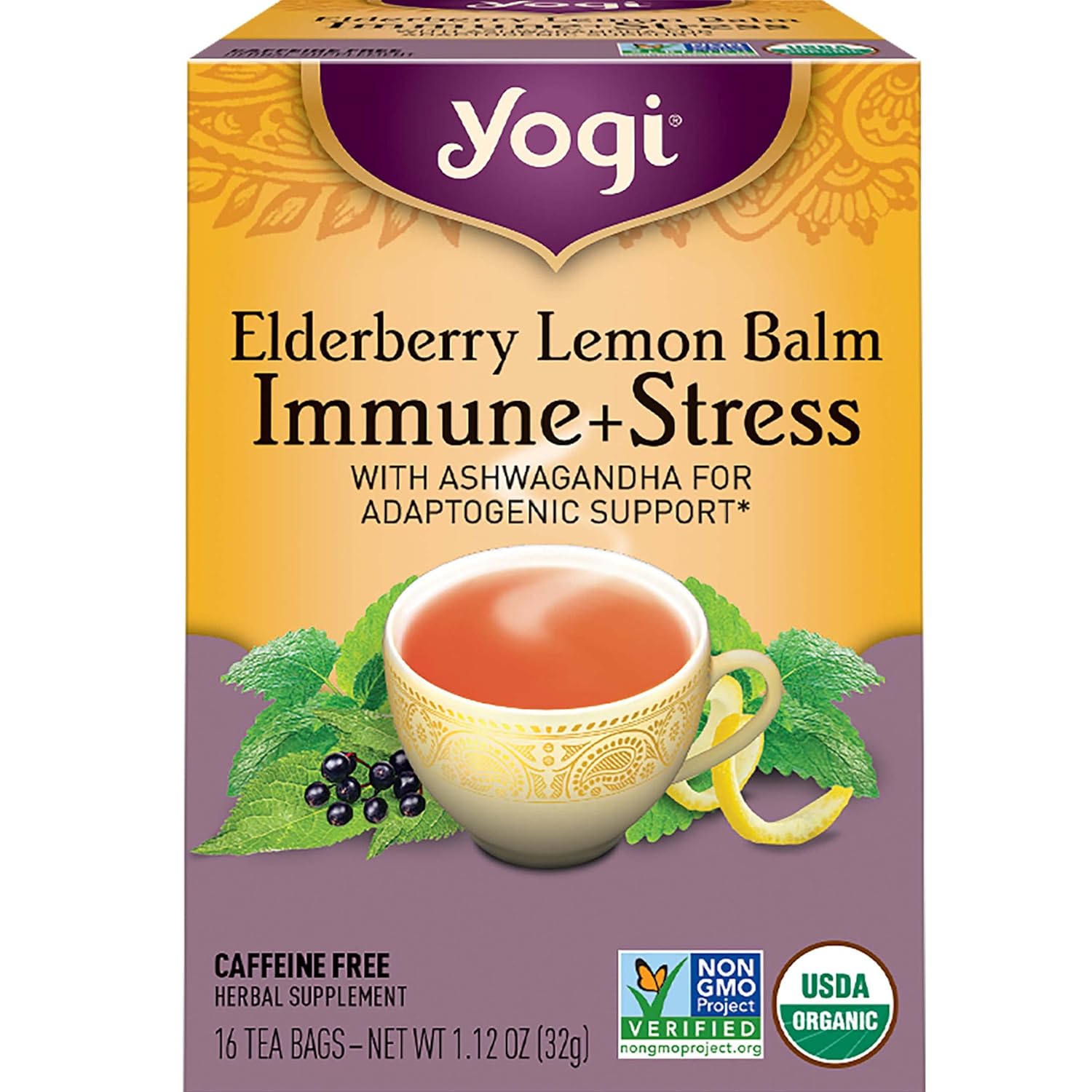 Yogi Organic Elderberry Lemon Balm Immune + Stress Herbal Tea, Caffeine Free, 16 Bags (Pack Of 6)