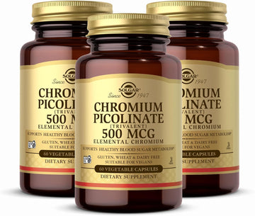 Solgar Chromium Picolinate 500 Mcg - 60 Vegetable Capsules, Pack Of 3 - Supports Sugar, Fat & Protein Metabolism - Non-Gmo, Gluten Free, Kosher - 90 Total Servings