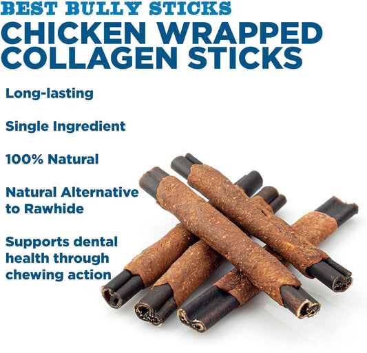 Best Bully Sticks All Natural Dog Chews - 6 Inch Chicken Wrapped Beef Collagen Sticks - Usa Baked & Packed - Highly Digestible, Limited Ingredient, Rawhide Alternative Dog Chew - 5 Pack